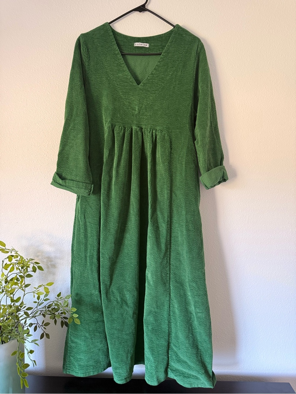 Italian Imported Corduroy Green V-Neck Midi Dress with pleated Waist